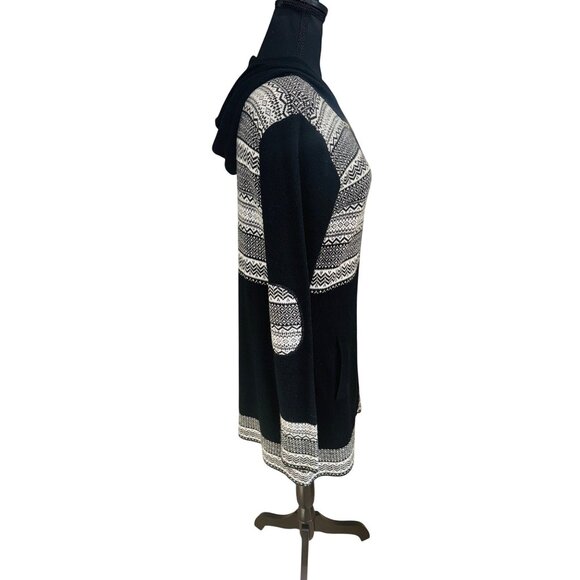 Telluride Womens Black White Long Hood Zip-Up Nordic Fair Isle Sweater Cardigan - Picture 4 of 8